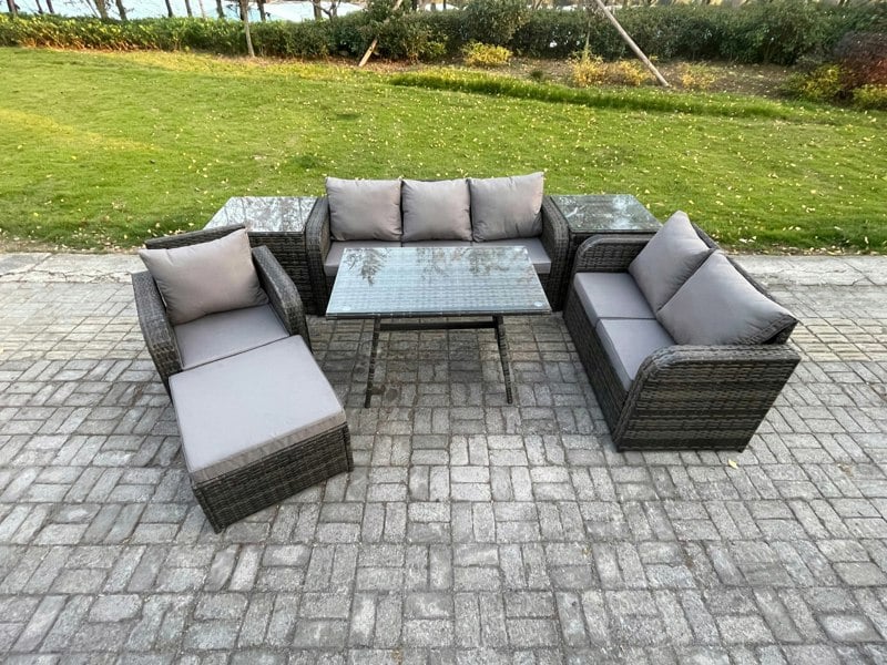 Fimous 7 Seater Outdoor Rattan Garden Furniture Set Patio Lounge Sofa Set with Dining Table 2 Side Tables Big Footstool Dark Grey Mixed