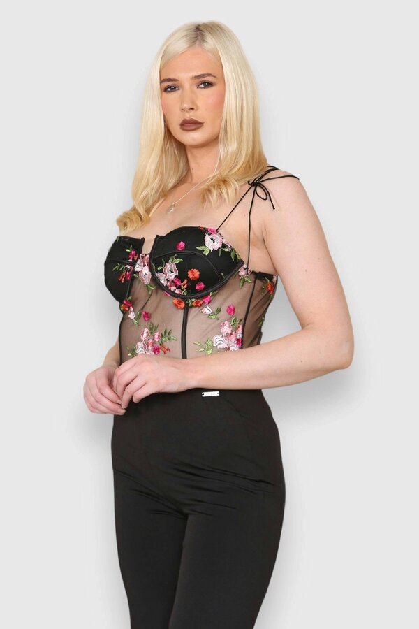 Elaina Fashion Women's Black Sexy Transparent Mesh Floral Embroidered Bodice S - Black - 100% Polyester