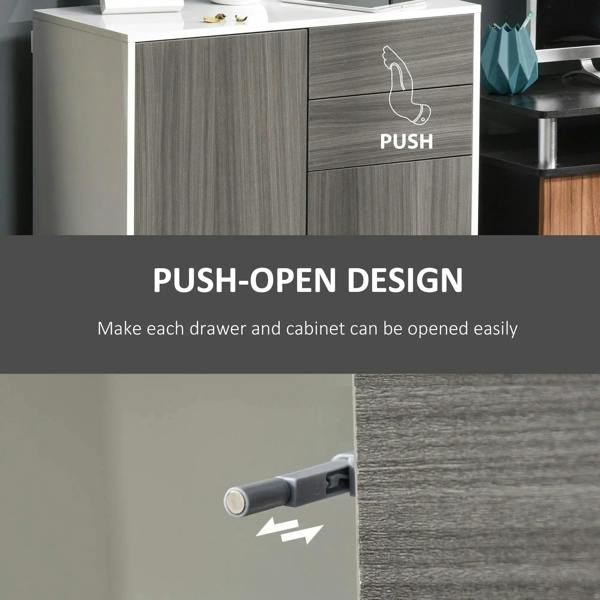 Grey sideboard cabinet showing push-open door and drawer design