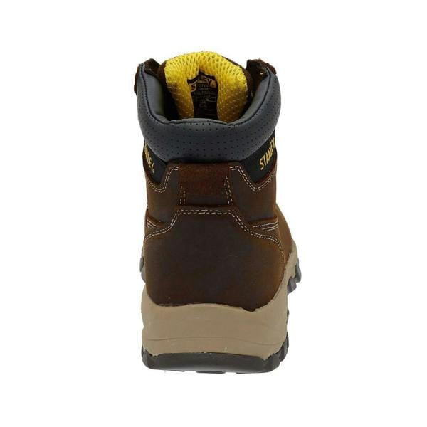 Stanley Tradesman Mens Steel Toe/Midsole Safety Work Boots, front view showing brown leather uppers, padded black collar with yellow logo, and sturdy beige sole for industrial safety.