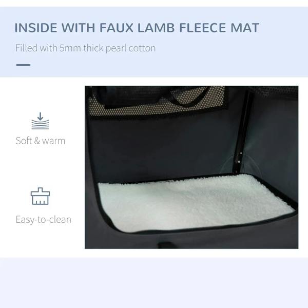 Inside view of grey pet carrier with faux lamb fleece mat for warmth