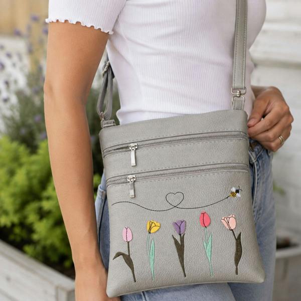 Fores Collection Tulip & Bee Embroidered Crossbody Bag with Adjustable Strap