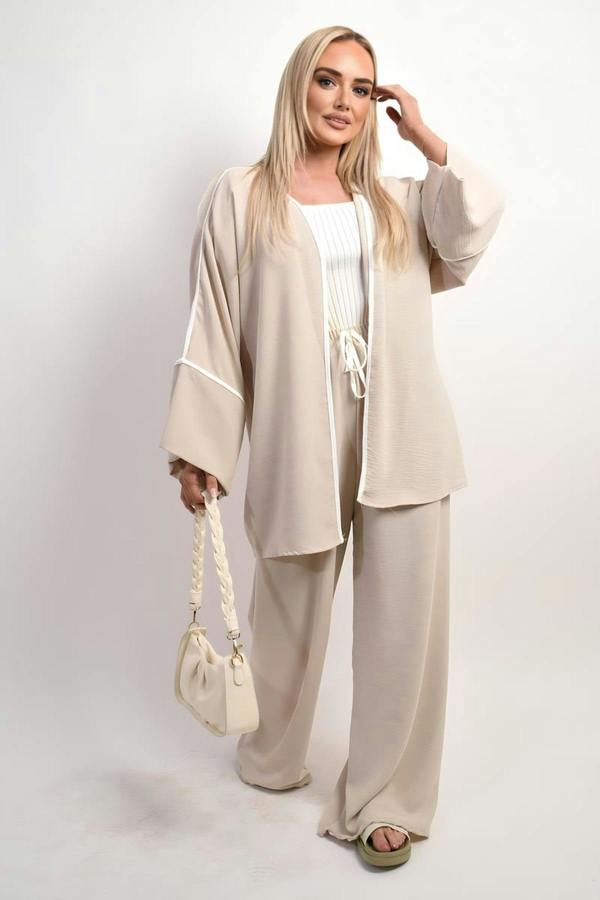 Linda Contrast Trim Oversized Cardigan & Wide Leg Co-ord Set - Beige