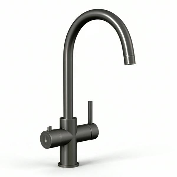 Gun metal grey boiling water tap on a white background