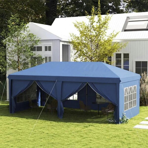 3x6m Pop-Up Gazebo, with Curtain Walls and Windows, Blue - Blue