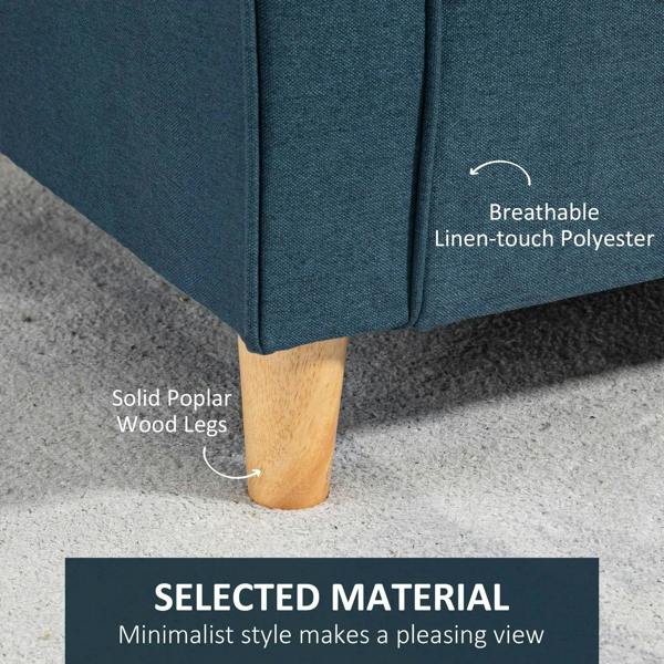 Blue loveseat sofa with wood legs and breathable fabric upholstery