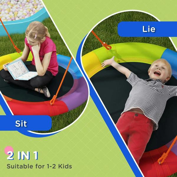 Kids nest swing seat with hanging ropes, child seated on circular purple-red pad