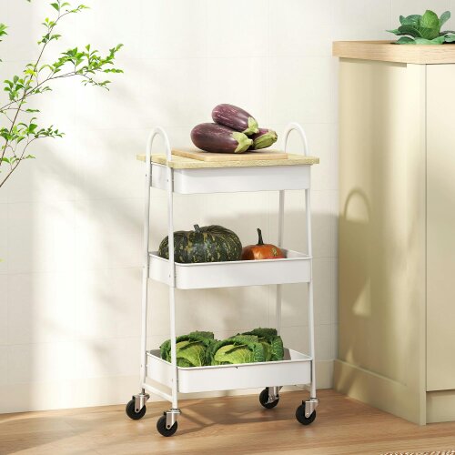 Wyld Haus Satoro Wooden White And Oak 3 Tier Kitchen Trolley With Covered Top