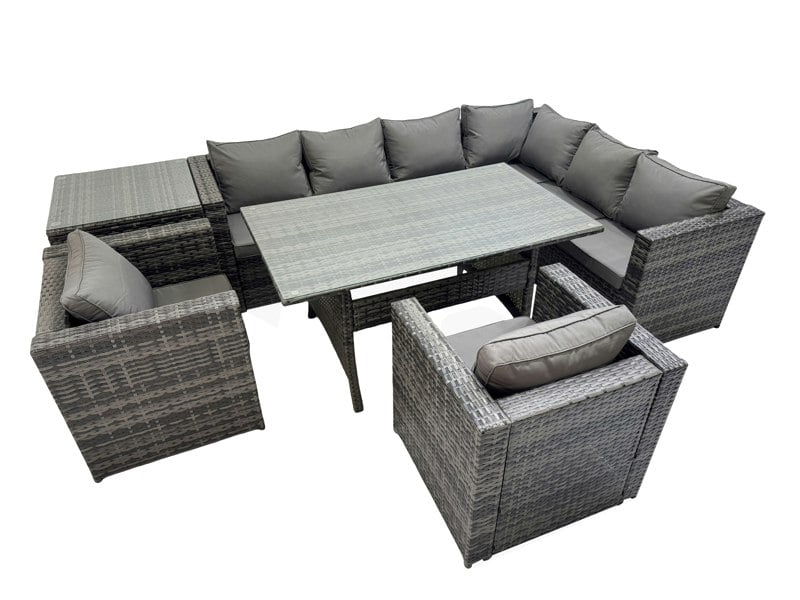 Fimous Rattan Garden Furniture Set Outdoor 8 Seater Patio Dining Corner Sofa Sets with Dining Table 2 Chairs Side Table Dark Grey Mixed