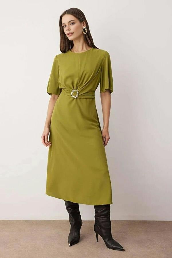 WOVCOR Midi Woven Dress with Accessory Details