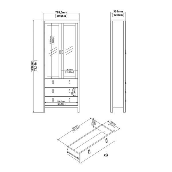 Wyld Haus Wildberry Matt Black Wooden China Cabinet 2 Glass Doors with 3 Drawers Leather Handles