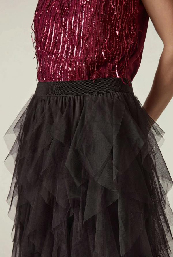 James Lakeland Black Tulle Ruffle Midi Skirt