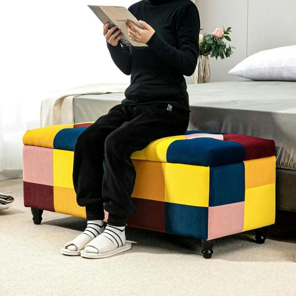 Multicolour patchwork storage ottoman with cushioned lid and black legs