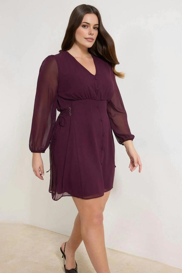 WOVCOR Chiffon Woven Dress with Eyelet Detail and Button Closure