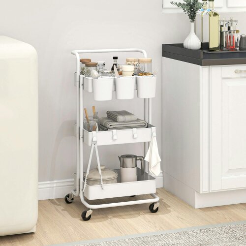Wyld Haus Molole Seba Metal White 3 Tier Home Trolley With Handle And Wheels