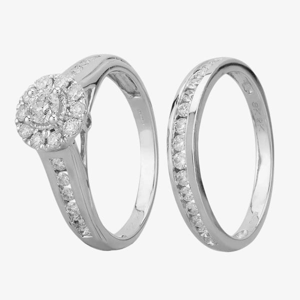T. H. Baker 9ct White Gold 1.00ct Diamond Cluster Halo Bridal Set TH011791R
