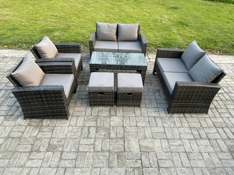 Fimous 8 Seater Dark Grey Mixed High Back Rattan Sofa Set Coffee Table Garden Furniture Outdoor Patio With Love Sofa Arm Chairs 2 Small Footstools