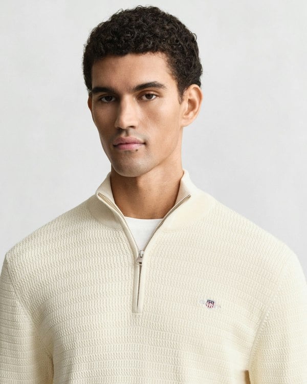 GANT Mens Mini Cable Half Zip Jumper - 130 Cream - CHO - Designer Mens Half Zip Jumpers