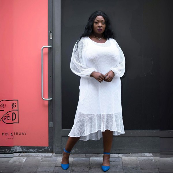 Women's Plus Size Aphrodite White Holiday Resort Dress with a white undergarment, paired with blue heels for a chic urban look