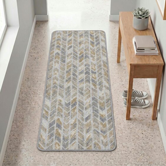 JVL Fiora Machine Washable Indoor Runner and Mat Set - Quartz Chevron