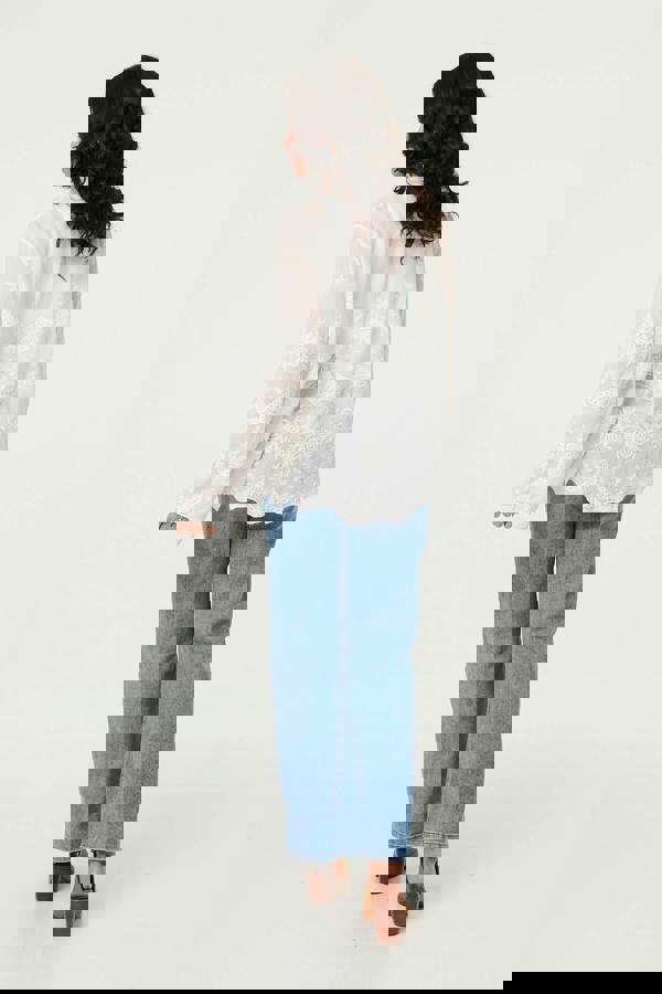 White | Embroidered Long Sleeve Semi Sheer Shirt