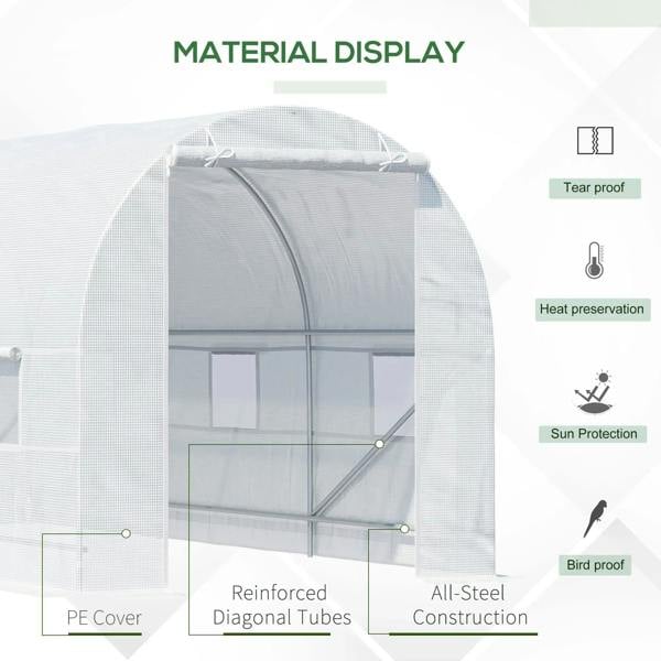 White greenhouse cover with reinforced diagonal tubes and all-steel construction; tear-proof mesh