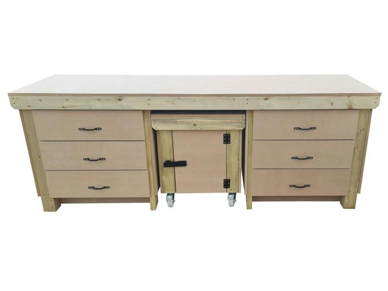 Wooden MDF Top Workbench (V.5) – Sturdy Workstation with Drawers and Functional Lockable Cupboard, Ideal for Garages, Workshops, and Studios.