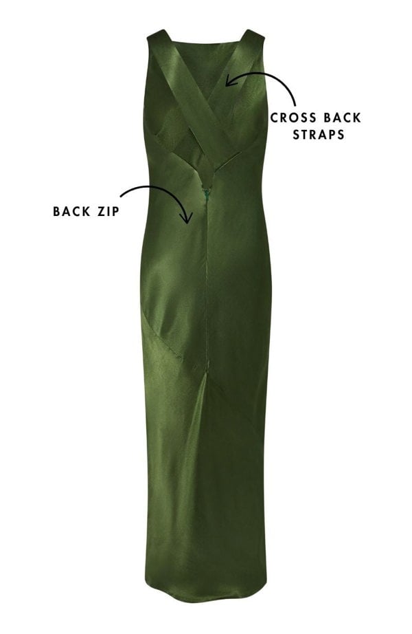 Rewritten London Paris Dress in Olive Green Viscose Satin