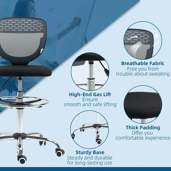 Grey armless swivel drafting chair with thick padded seat and chrome gas-lift base