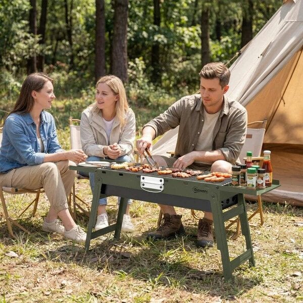 Bobobiy Portable BBQ Grill, Foldable Charcoal Grill for Camping and Picnics with 2 Side Shelves and Handle, Green
