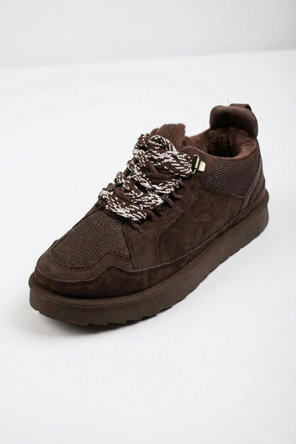 Leiza Chunky Lace Up Faux Fur Trainers - Brown
