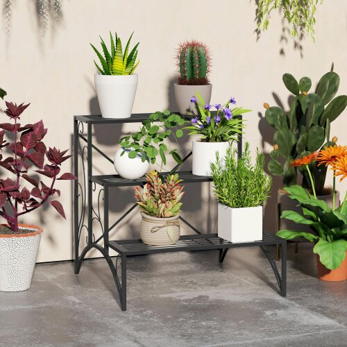 Outsunny 3-Tier Metal Plant Stand for Garden Balcony Indoor Outdoor, Black