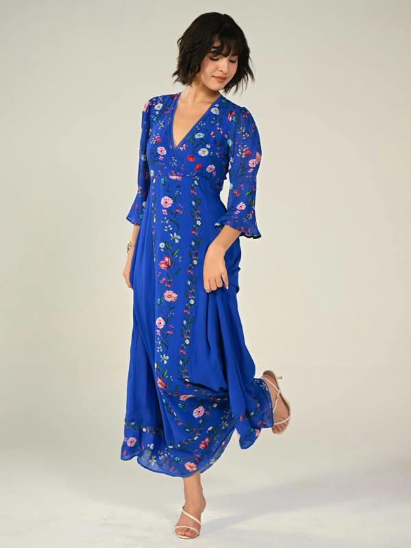 Rose & Nancy Tory Blue Botanical Floral Border Print Maxi Dress