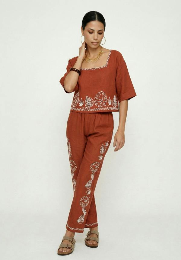 Raffya Tilly High Waist Embroidered Trouser In Rust