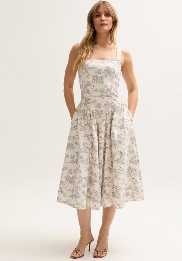 Hayley Corset Inspired Josephine Print Midi Dress In Cream