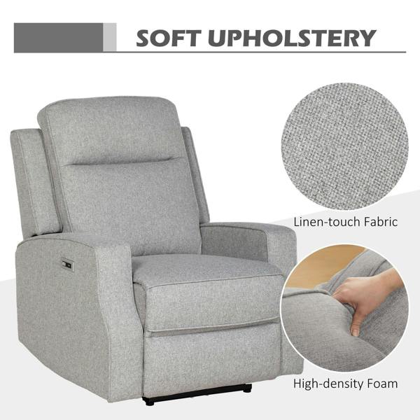 Grey upholstered electric recliner with tall back, cushioned arms, and side USB panel
