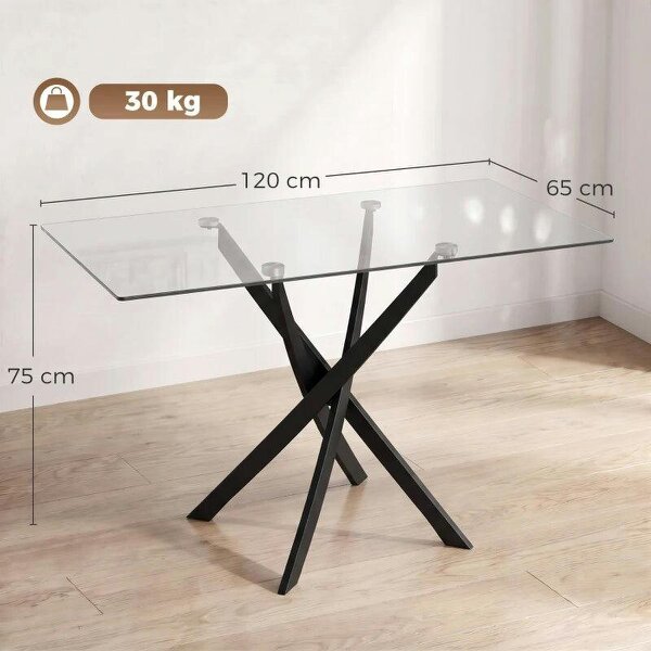 Rectangular Dining Table for 6 People, 120cm Modern Kitchen Table with Tempered Glass Top and Cross Steel Legs, Clear