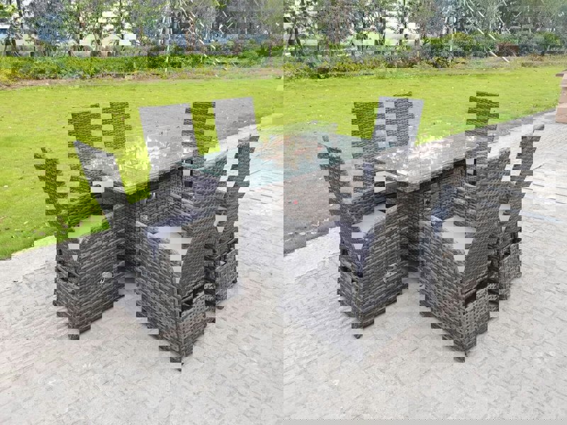 Fimous Rattan Outdoor Garden Furniture Gas Fire Pit Dining Table Gas Heater Burner Reclining Table And Chair Sets 6 Seater Plus Rectangular Table