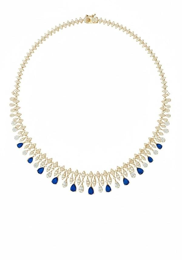 Necklace with clear and blue gemstone drops on a white background