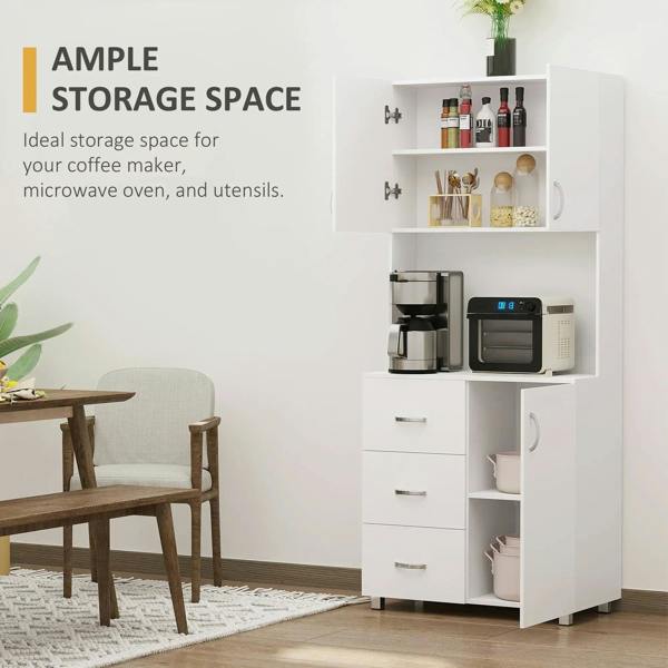 White kitchen storage cabinet with open shelves for countertop appliances and utensils