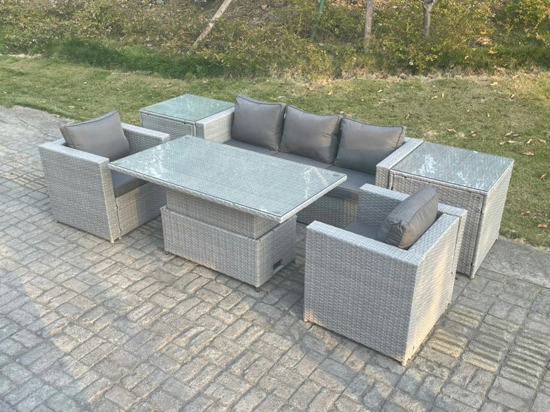 Fimous Rattan Garden Funiture Set Adjustable Rising Lifting Table Sofa Dining Set With 2 Arm Chair 2 Side Table