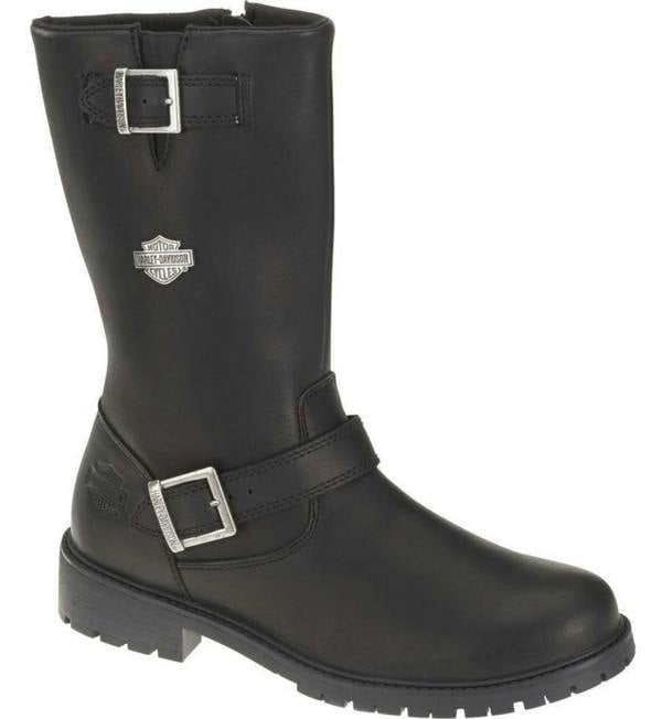 Harley-Davidson Randy 12" Mens Leather Zip Up Biker Ankle Boots, black leather motorcycle boots with buckle and Harley logo details.