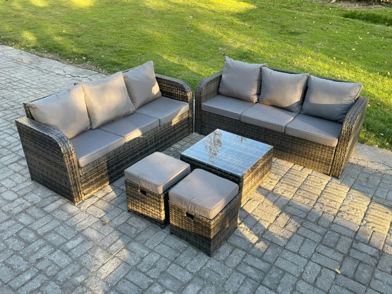 Fimous Indoor Outdoor Rattan Garden Furniture 8 Seater Set Table Sofa Chair Patio Conservatory with Grey Cushions 2 Small Footstools