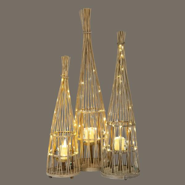 Large Conical Wicker Lantern With Glass Holder & LED Lights