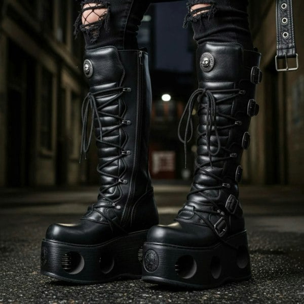 New Rock M-272-S2 Knee High Black Leather Gothic Boots