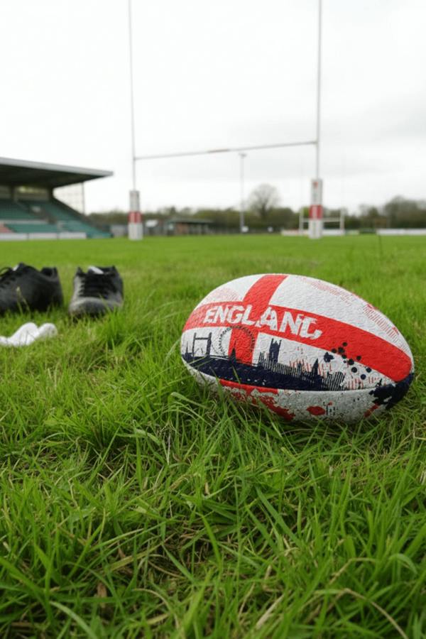 White and red Optimum England rugby ball with ENGLAND print on grass by rugby posts at a ground - Optimum