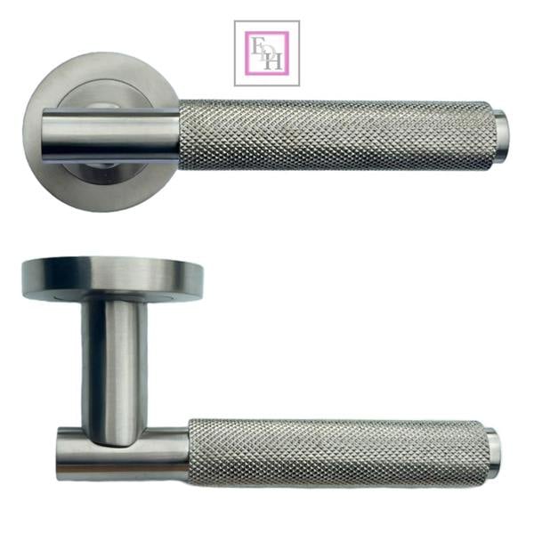 EDH Door Hardware Satin Nickel Knurled Door Handles on Round Rose – Modern Internal Lever Handle