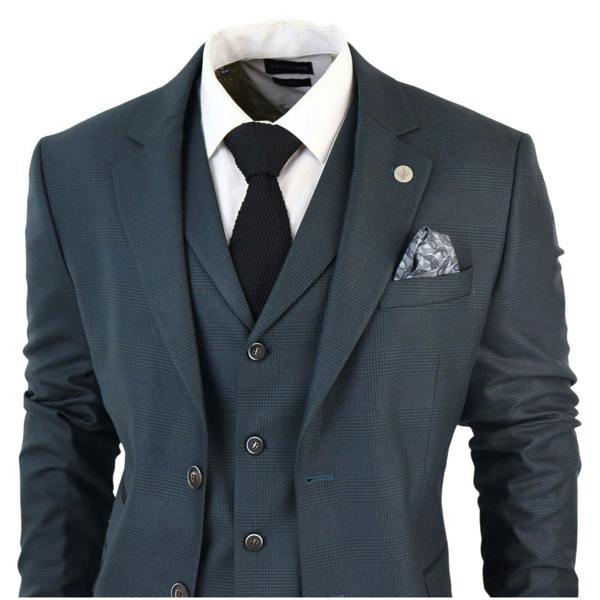 TruClothing Men's 3 Piece Olive Prince Of Wales Check Suit