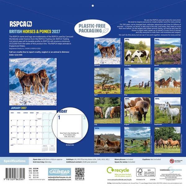 RSPCA, British Horses & Ponies Calendar 2027, Wall Calendars, Month To View, Animals, Gift