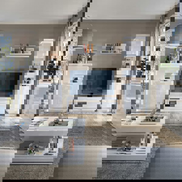 Furniture To Go Lyon Tall Narrow display cabinet (LHD) (including LED lighting) in White and High Gloss